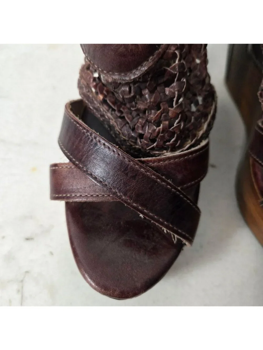 Bed Stu Size 10 Petra Handwoven Leather Wood Platform Wedge Sandals